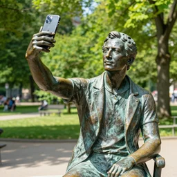 photo still of a bronze statue of a person using an iphone to take a selfie, park on a bright sunny day, 8 k 8 5 mm f 1 6 1 0 0 0