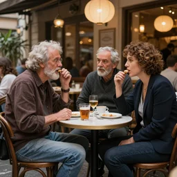 photorealistic italian cafe full of talking godlike artist