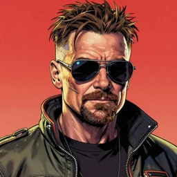 hyper detailed comic illustration of a cyberpunk Walter White  wearing a futuristic sunglasses and a gorpcore jacket, markings on his face, by Eng Kilian, intricate details, vibrant, solid background
