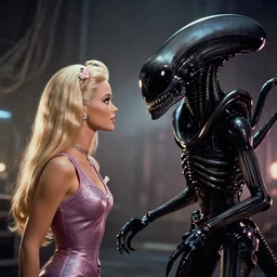 Barbie facing the Xenomorph in Aliens (1986), scifi horror, H. R. Giger, film still, cinestill 800t