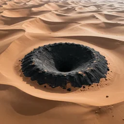 desert landscape photo of a round black crater in the shape of a ( pupil ) surrounded by sand dunes in the shape of an iris, drone photo