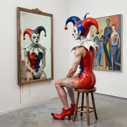 morphed jester sitting on a stool looking into a mirror by james jean and luc tuymans and beeple and hernan bas and pat steir and hilma af klint, psychological, dripping paint, high quality render, masterpiece