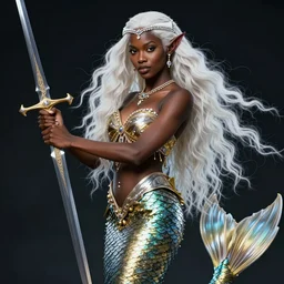 a fantast beauty detailed elf with mermaid tail irina shayk with black skin, with a curved sword, platinum white wavy long hair, white headband in the front with diamonds, jewelry body armor in golden and silver colors, pointy ears, detailed, epic masterpiece of cinematographic hyperrealism, realistic shaded lighting poster by craig mallismo, artgerm, jeremy lipkin and michael garmash