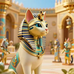 closeup profile portrait of tin toy egyptian cat robots in cleopatra's palace, nicoletta ceccoli, mark ryden, lostfish, max fleischer, depth of field, detailed and intricate environment, golden hour, 8 k resolution, hyperrealistic, octane render, vivid colors, bright, cheerful, detailed and intricate scifi environment