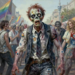 zombie at a pride rally, surrealist painting by igor morski, gediminas pranckevicius, beeple, ornament, porcelain, super - resolution, soft lighting, ray tracing global illumination, in a symbolic and meaningful style