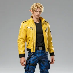 elven male, shaggy blonde hair. Wearing modern yellow leather jacket and blue camouflage pants. Modern, concept art, Akikazu Mizuno, phantasy star online, anime