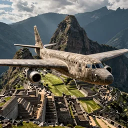 an ancient Aztec strategic bomber flies low over Maccu Picchu, realistic digital photo, South American mountains, aircraft made of stone