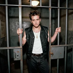 A photo of a crustpunk and 90's comedy club aesthetic prison cell
