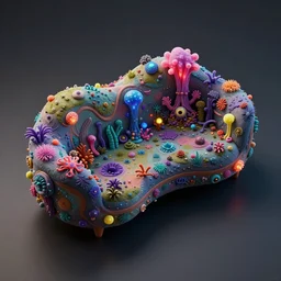 Isometric alien-like couch with interesting organic shapes in its curvy design, all inspired by a bioluminescent alien nature, Mobile game item but hyper-realistic, detailed 3D asset