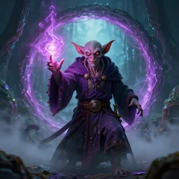 a photorealistic render of a mage goblin casting a spell in front of a misty dimensionnal portal in the style of Remi Luizy, ultra detailed, crispy, octane render, 8K, raytracing, lumens, vivid colors, trending on artstation, trending on deviantart