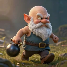 bald gnome with big white beard holding a dagger and bomb running through a field looking angry. hyper realism, cinematic, volumetric lighting, dramatic ambient lighting, epic composition, high detail, octane render, unreal engine, 8 k, smooth gradients, dnd, digital art, deviantart artstation, ray tracing, intricate complexity, extremely detailed,