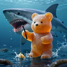 life - sized gummi bear going deep sea fishing but is eaten by a big shark, photorealistic digital art, epic fantasy, dramatic lighting, cinematic, extremely high detail, cinematic lighting, trending, artstation, cgsociety, 3 d, ue 5, 4 k, hq