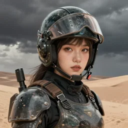 portrait of dieselpunk blackpink jisoo soldier girl, helmet, stormy sand desert, armored, highly detailed, digital painting, face detail, sharp focus, art, illustrations by loish and ayanamikodon and irakli nadar and rossdraws and wlop