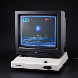vectrex home console, built in tall crt screen, showing asteroids vector game