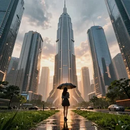 city of the future, many skyscrapers, blade runner style, hyper - realistic, octane render, realistic, real, street, rain, beautiful girl with umbrella weari, cinematic view, epic sky, detailed, concept art, low angle, high detail, warm lighting, volumetric, godrays, vivid, beautiful, trending on artstation, by jordan grimmer, huge scene, grass, art greg rutkowski