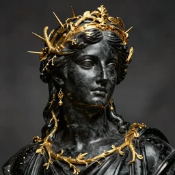 greek godness portrait sculpture, face, body, black marble and gold, vines and spines, obsidian drapes