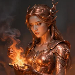 stunning goddess of copper smithing portrait, steel, orange fire, smoke, fantasy, intricate, elegant, highly detailed, digital painting, artstation, concept art, smooth, sharp focus, illustration, art by afshar petros and krenz cushart and artem demura and tony sandoval