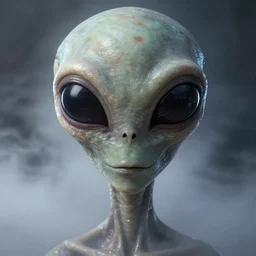 alien with large black eyes and a very long forehead. high quality photorealistic octane render 4 k raytraced, hyperrealism, 2 0 2 2, volumetric fog, sheen, textured, metallic, flesh, in the style of chris foss