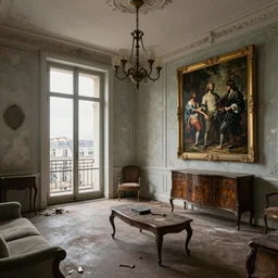 an abandoned parisian apartment with and antique furniture with a view of the city, interior design, architecture, key lighting, soft lights, by steve hanks, by edgar maxence, by caravaggio, by michael whelan, by delacroix, by serov valentin, by tarkovsky, 8 k render, detailed, oil on canvas