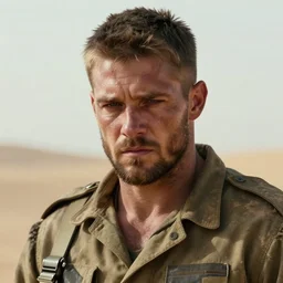 portrait of muscular, tired and alcoholic 3 0 - year - old handsome man with short darkblonde hair, serious sad look in his eyes, looking down, dirty beard, blue eyes, crying tears, wearing dirty soldier uniform, on the desert, sad atmosphere, hyper realistic face, character art, art by mark brooks, hyperdetailed, cryengine, trending on artstation, digital art