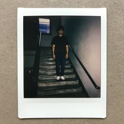 paranormal polaroid of a man upon the stairs, the man who wasnt there, kodachrome, 3 5 mm film