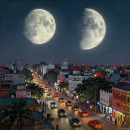 lunarpunk dhaka city under twin moons, Dhaka traffic, Old Dhaka, Bangladesh, realistic painting, classical painting, high definition, digital art, matte painting, vibrant, mystical, fantasy art, very detailed, realistic