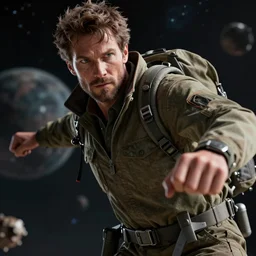 a dramatic pose of a man wearing explorers clothes, closeup, in action, motion blur, space scene background, photo realistic, hyper detailed, trending on artstation, unreal engine 5, octane render, by martin schoeller
