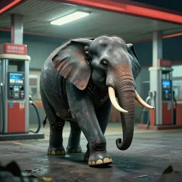 a robotic elephant walking through an abandoned gas station in the style of howl's moving castle, 7 0's science fiction comics and enki bilal, cyberpunk, mystical, 8 k, high definition, realism, octane render, cinematic lighting