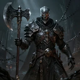 A hyper realistic dark fantasy illustration of a death knight with glowing eyes and a big axe by Adam Duff and Julia Yurtsev, intricate details, chains, monstrous, trending on artstation, pinterest, pixiv, 4k, 8k, HDR, Unreal Engine, Octane render