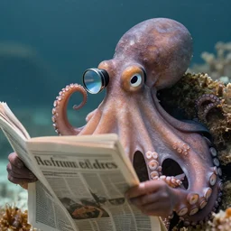 an octopus wearing a monocle reading a newspaper. nature photography