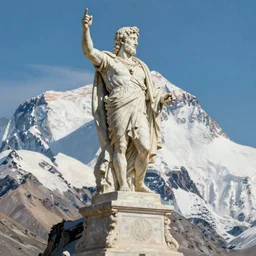 Beautiful painting of a Caesar statue on the top of mount everest. Trending on artstation. Realistic