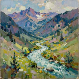 Realist colorful impasto painting of the Salmon River mountains by Ivan laliashvili, 4k scan, oil on canvas, visible brushstrokes