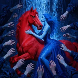 only with blue, high fashion model in love with a red stallion, too many hands in all directions, in hoc signo vinces, waterfall, in the style of leonora carrington, gottfried helnwein, intricate composition, blue light by caravaggio, insanely quality, highly detailed, masterpiece, red light, artstation