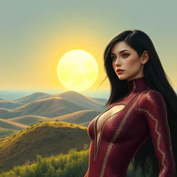 burgundy python snakeskin bodysuit, girl, long black hair, hills biome big sun. highly detailed, digital painting, watercolor, soviet realism, engraving, artstation, concept art, smooth, sharp focus, vivid grunge, manga, illustration, unreal engine 5, 8 k, art by bilibin and kilian eng and kuvshinov and malevich and mucha