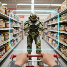 first person view shopping at target with hud from halo on, photorealistic, 4 k, photo picture
