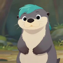 male grey anthropomorphic otter with turquoise hair and orange nose and white tummy, artstation, fantasy, disney