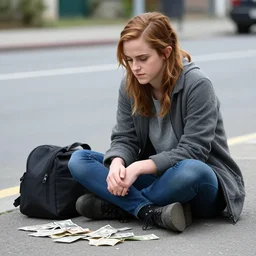 a homeless emma watson begging for money on the side of the road in a busy city, black and white illustration, by james jean and wayne barlowe and moebius