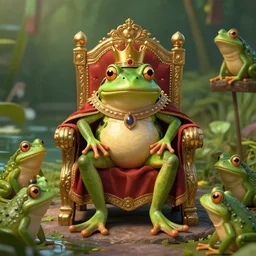 a photorealistic frog king sitting on a throne, surrounded by frog servants next on the side of the pond, digital art