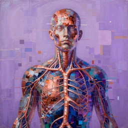 a beautiful glitched abstract painting by dale witherow of a glitched human nervous system by robert proch, color bleeding, pixel sorting, copper oxide material, brushstrokes by jeremy mann, studio lighting, pastel purple background, square shapes