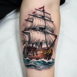 a pirate ship sailing in the sea, realism tattoo design with amazing shades, clean white paper background, in the style of david vega