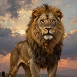 muscular lion as barbarian, very textured detailed oil painting panoramic backlight portrait by rembrandt, backlight, dramatic clouds ,sunset
