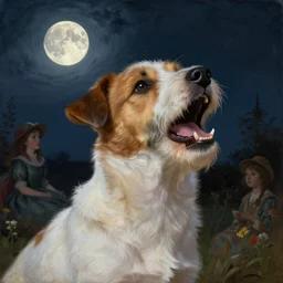 portrait of jack russel terrier howling!!! night!!! moon!!!, illustrated by peggy fortnum and beatrix potter and sir john tenniel