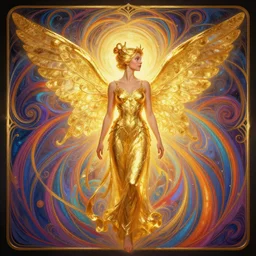 side profile centered painted portrait, Elisha Cuthbert as golden fairy, golden wings, D&D, Gloomhaven, matte painting concept art, art nouveau, beautifully backlit, swirly vibrant color lines, fantastically gaudy, aesthetic octane render, 8K HD Resolution, by ilya kuvshinov and Cushart Krentz and Gilleard James