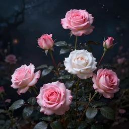beautiful digital matte painting of whimsical botanical illustration pink and white roses, night enchanted dark background dark contrast by android jones