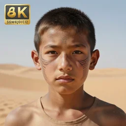 a detailed portrait of a boy with a face tattoo in the desert, art illustration, incredibly highly detailed and realistic, 8 k, sharp focus