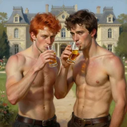 attractive muscular mike with ginger hair with attractive tyler with brunet hair, drinking their hearts out, in their noble mansion. very defined and highly detailed painting by gaston bussiere, craig mullins 8 k