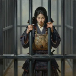 painting of a female samurai locked in a prison, full view, popular on artstation, artstationhd, artstationhq 8 k, volumetric lighting, super focused, no blur, trending on artstation, artstationhd, artstationhq, ultra detailed, by artgerm and james gurney, greg rutkowski,
