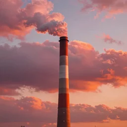 “ an anselm kiefer painting of a towering smokestack in a world draped in pink and red and orange fluffy clouds. the smokestack is photorealistic and lit in a gradient from grey to orange, as if lit by a setting sun. viewed from a low angle ”