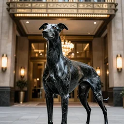 close up of a whippet statue made of black marble, standing in large entrance hall of an art-deco skyscraper, top lighting