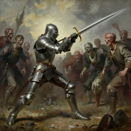 knight fighting a mob of zombies, close angle, painting by gaston bussiere, craig mullins, j. c. leyendecker, 4 k, 8 k, trending on artstation, artstationhd, artstationhq, highest detail